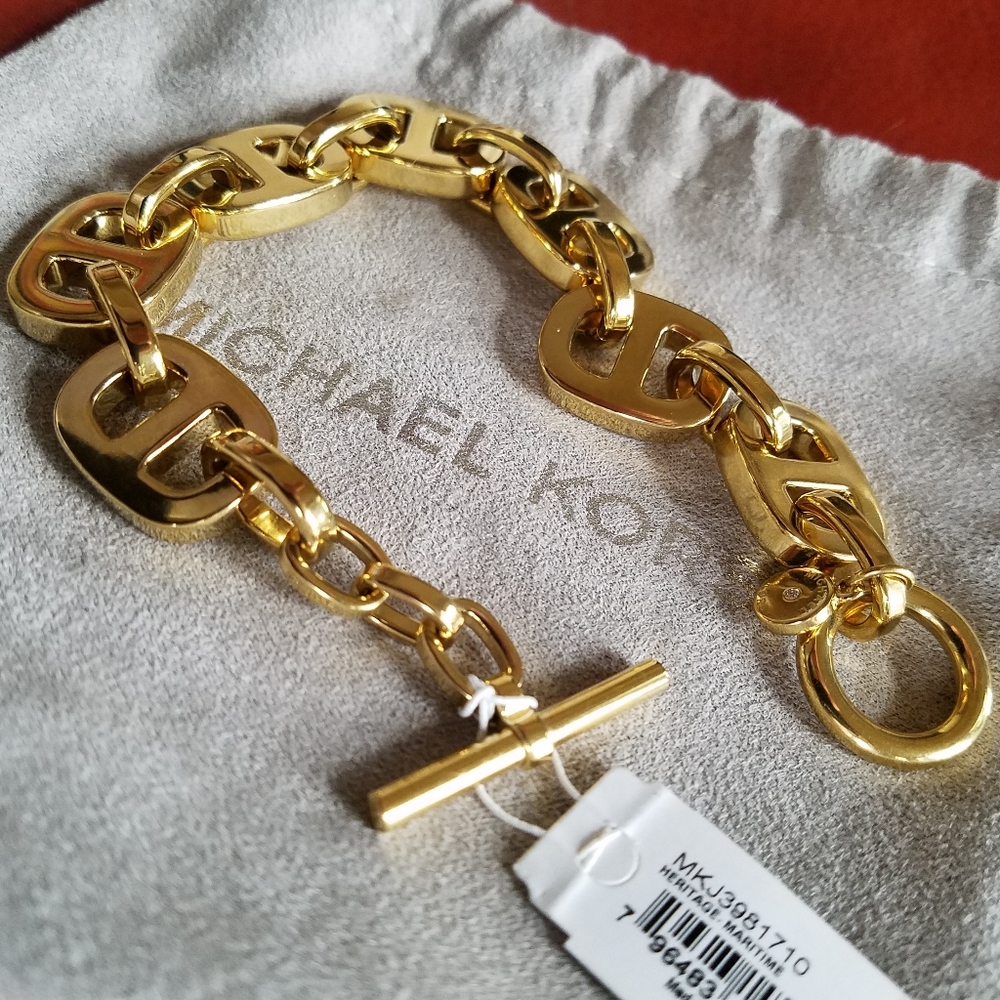 Michael Kors Heritage Maritime Chain Link Toggle Bracelet Gold Tone Heavy NWT - Picture 12 of 15